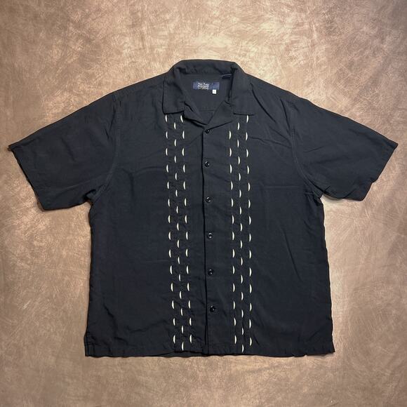 Vintage 90s Nat Nast Textured Striped Bowling Shirt Black Button Up Silk Retro - Picture 1 of 7